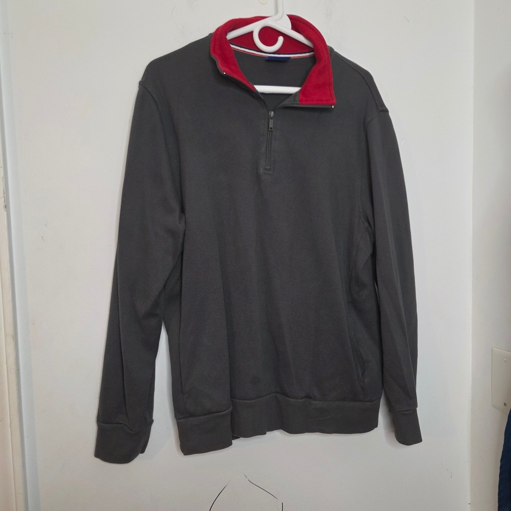 Le Tigre Mens Large Quarter Zip Pullover Sweatshirt‎ Charcoal Gray Red Contrast
